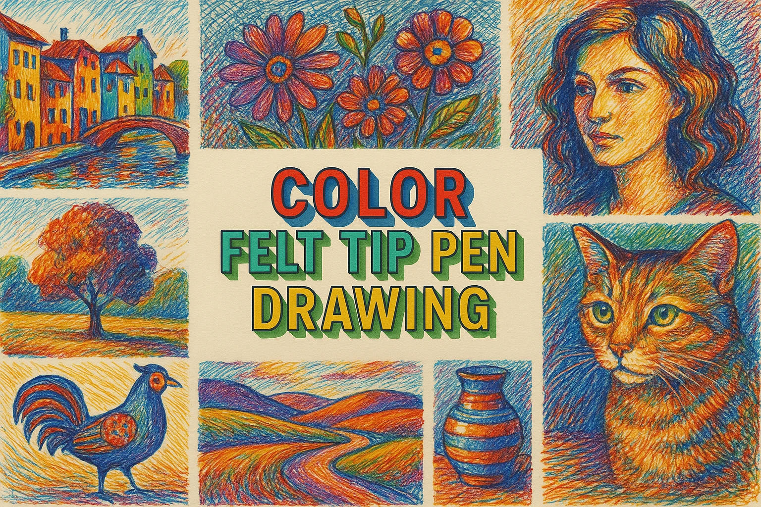 Color Felt Tip Pen Drawing collage showing several visual interpretations of the style.