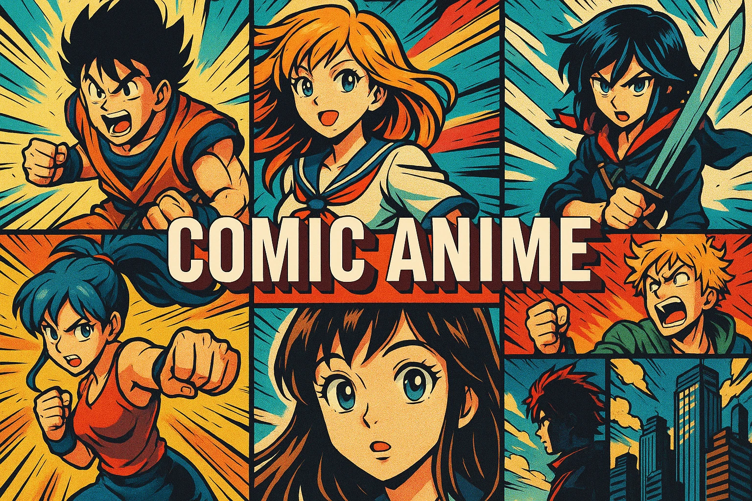 Comic anime collage showing several visual interpretations of the style.