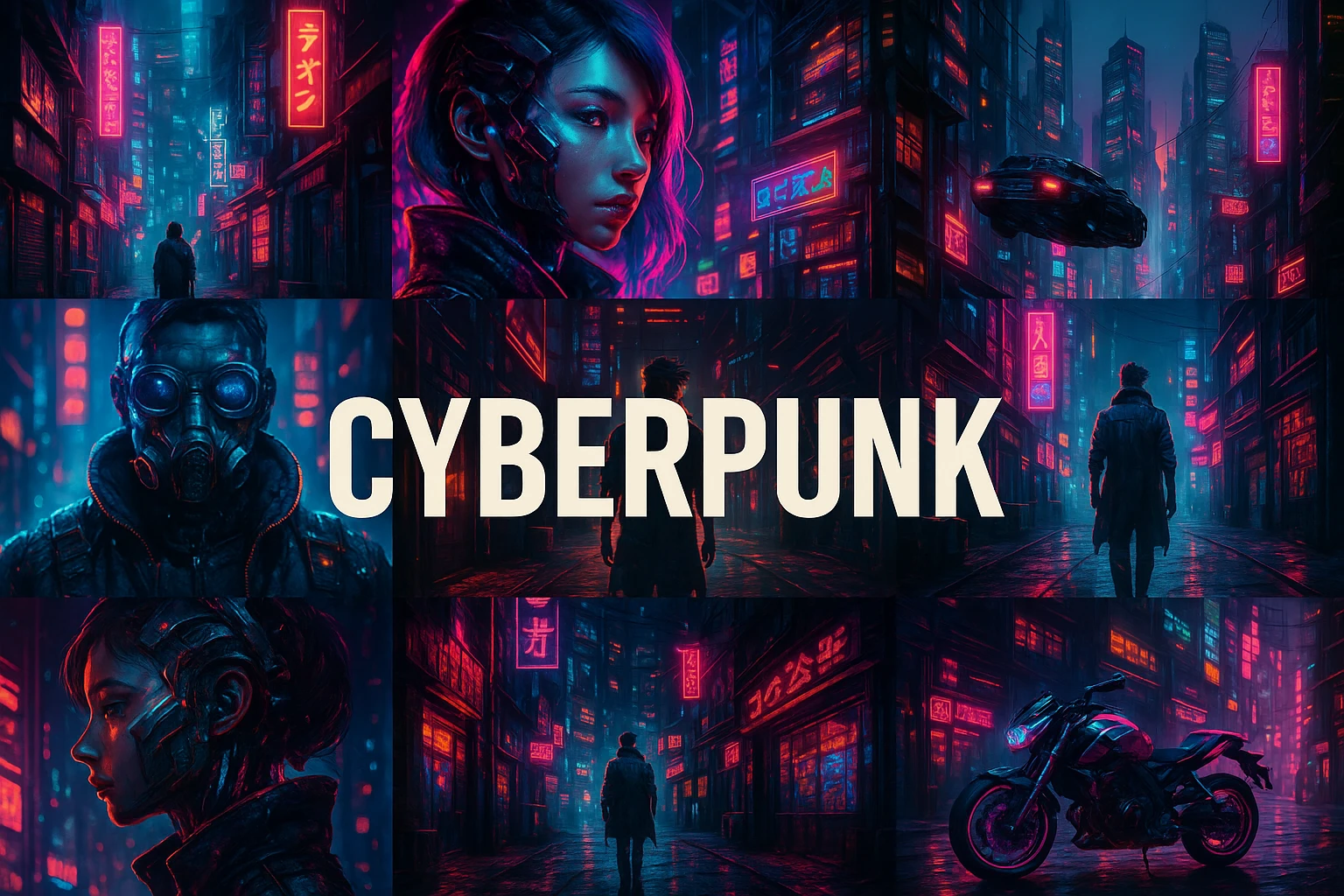 Cyber Punk collage showing several visual interpretations of the style.