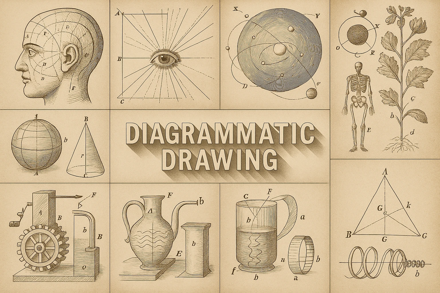 Diagrammatic Drawing collage showing several visual interpretations of the style.