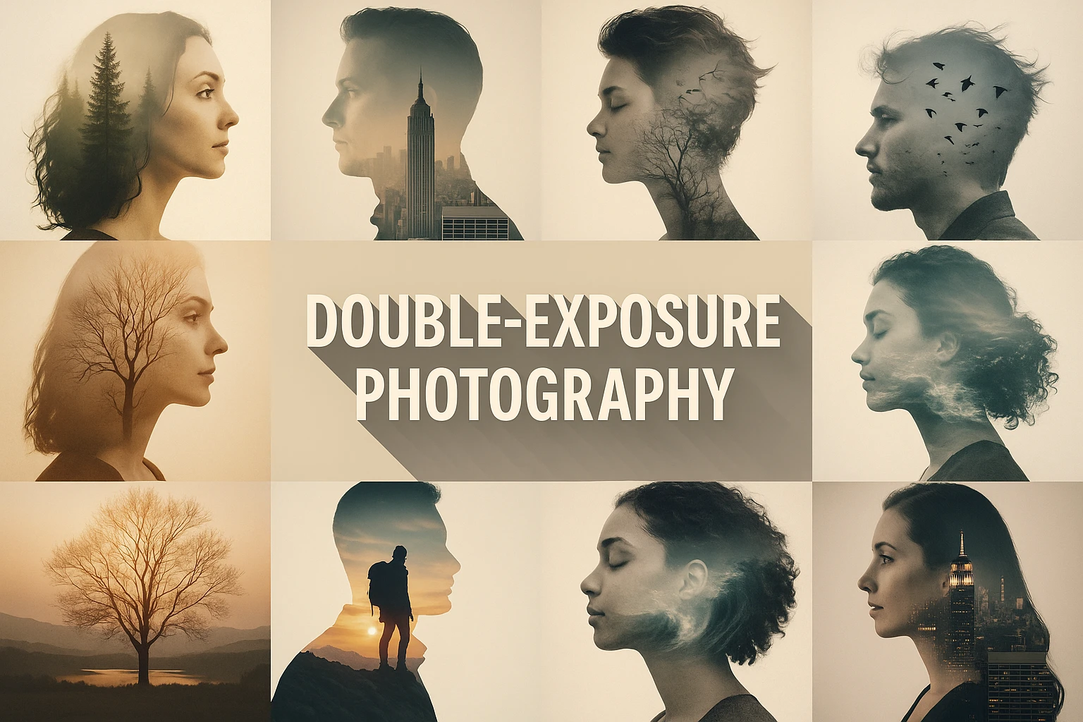 Double-exposure Photography collage showing several visual interpretations of the style.