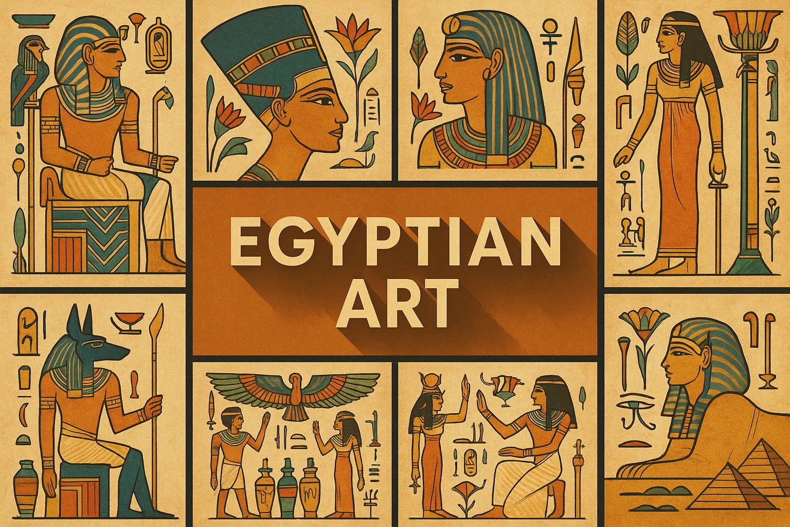 Egyptian art collage showing several visual interpretations of the style.