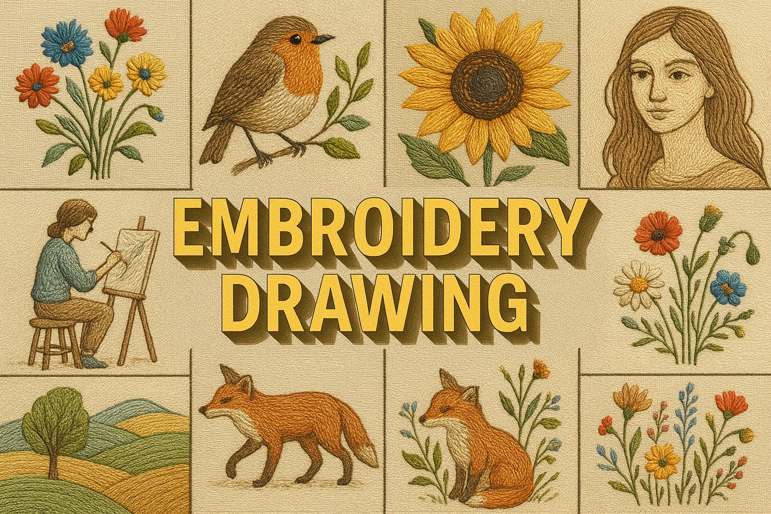 Embroidery Drawing collage showing several visual interpretations of the style.