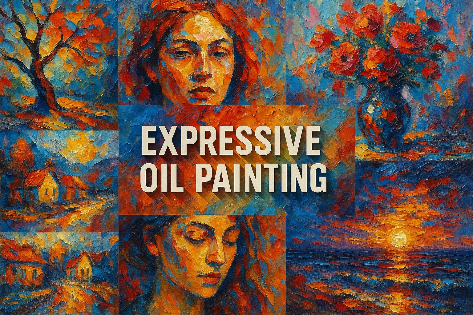 Expressive oil painting collage showing several visual interpretations of the style.
