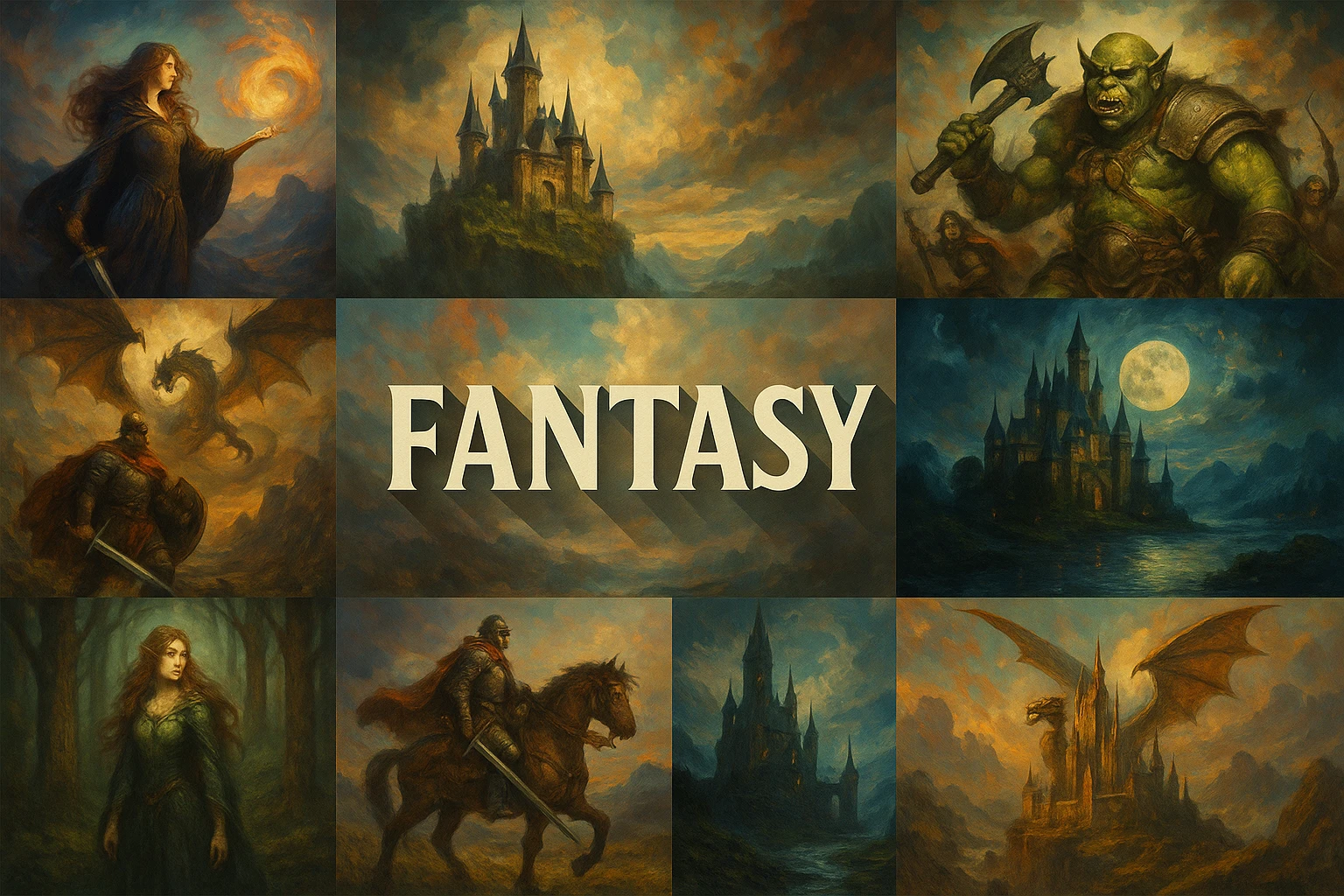 Fantasy collage showing several visual interpretations of the style.