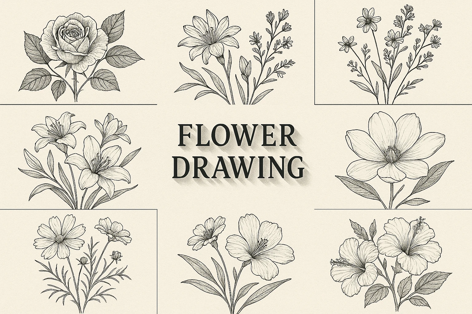 Flower Drawing collage showing several visual interpretations of the style.