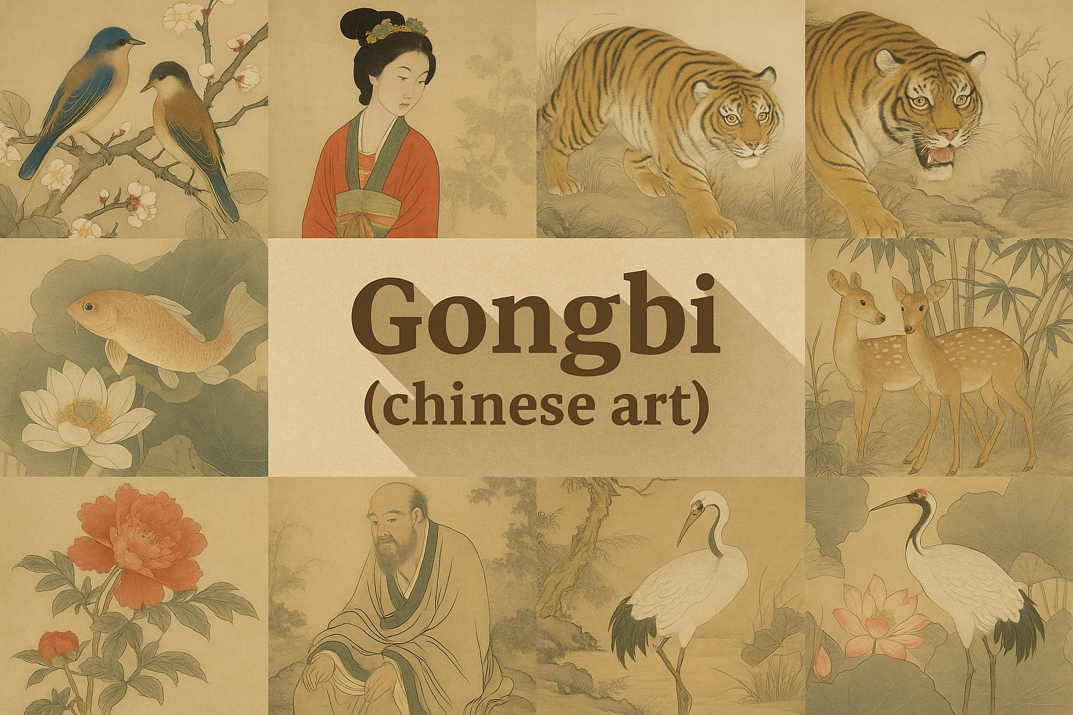 Gongbi (Chinese Painting) collage showing several visual interpretations of the style.