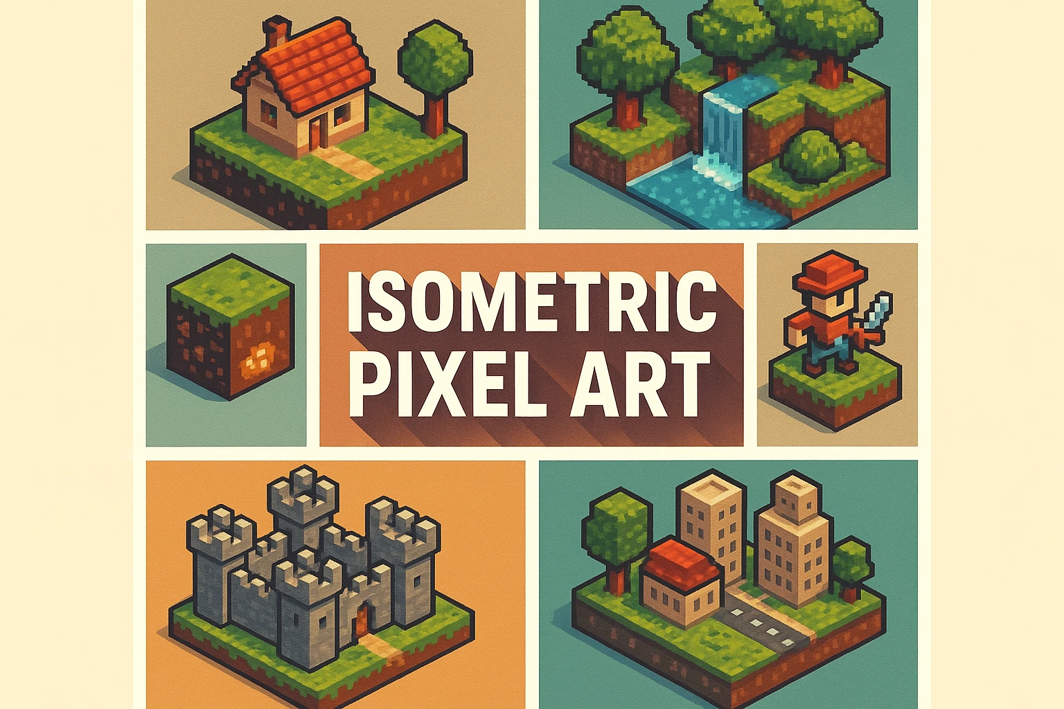 Isometric Pixel Art collage showing several visual interpretations of the style.