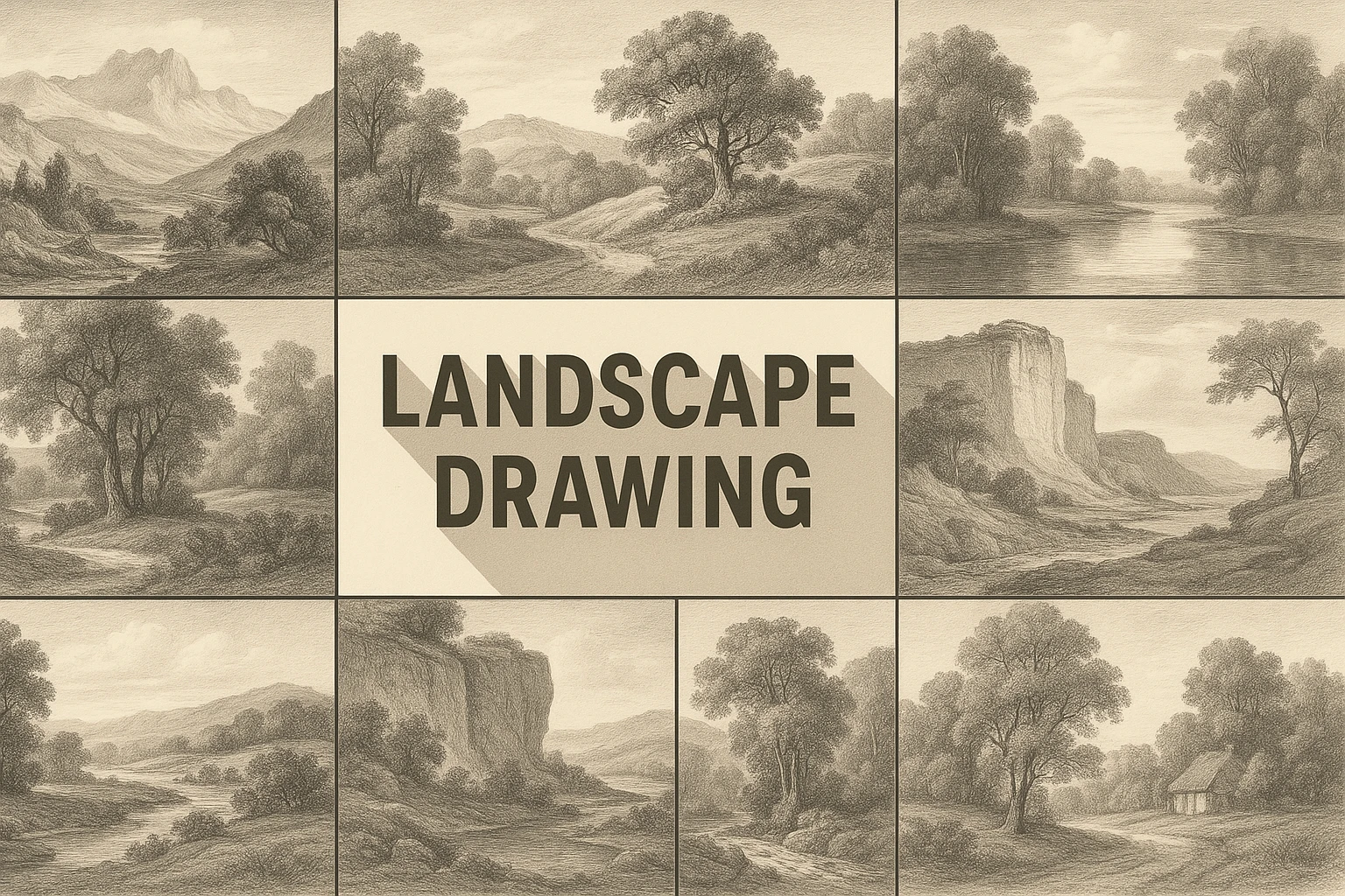 Landscape Drawing collage showing several visual interpretations of the style.