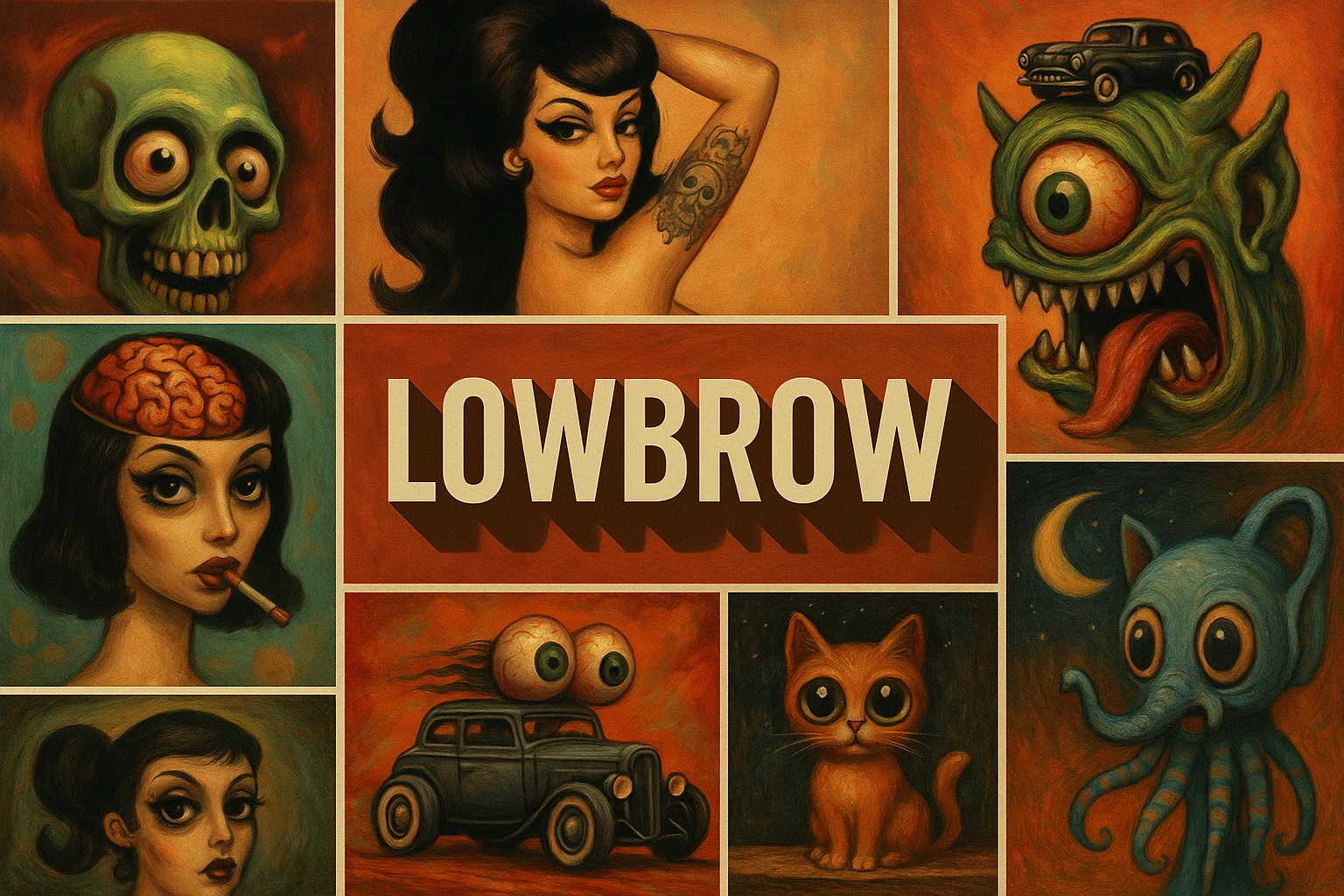 Lowbrow collage showing several visual interpretations of the style.