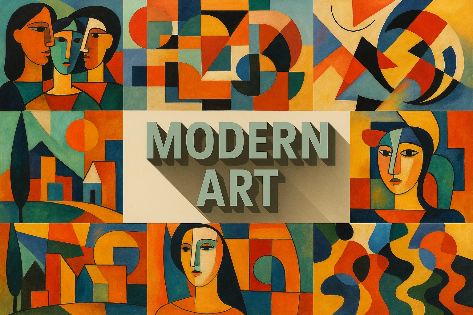 Modern Art collage showing several visual interpretations of the style.