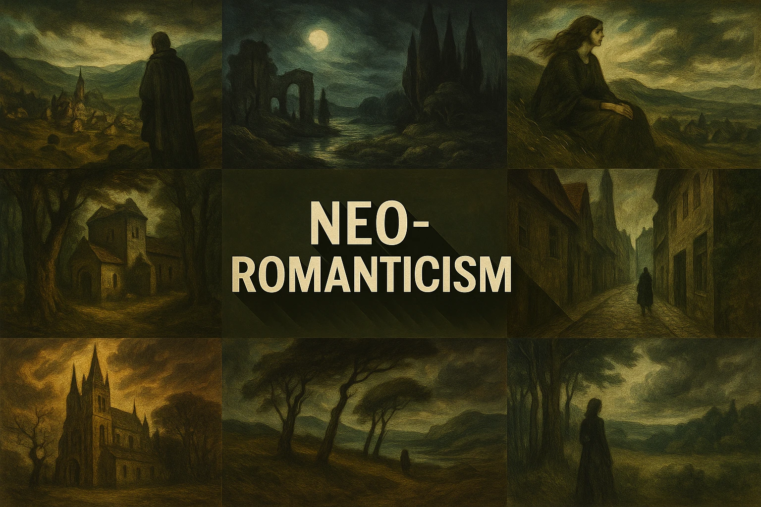 Neo-romanticism collage showing several visual interpretations of the style.