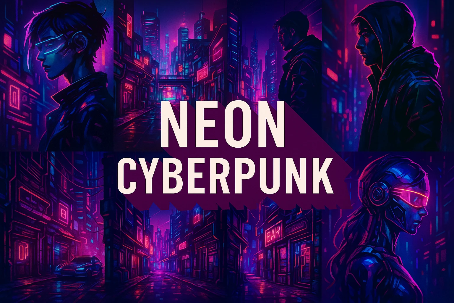 Neon cyberpunk collage showing several visual interpretations of the style.