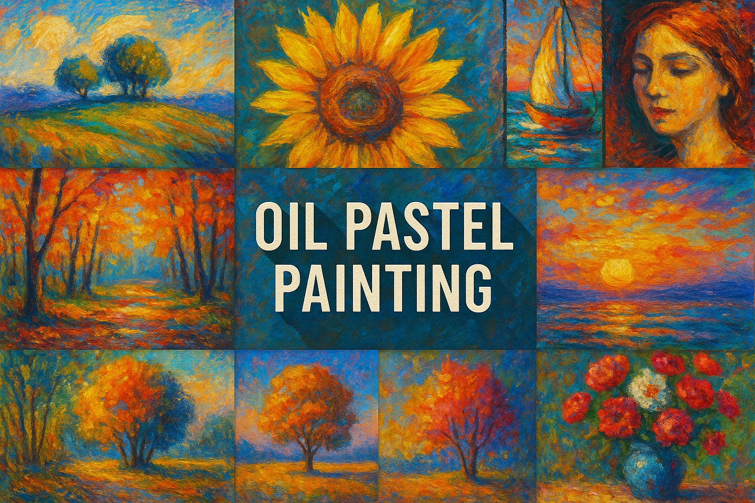 Oil Pastel Painting collage showing several visual interpretations of the style.