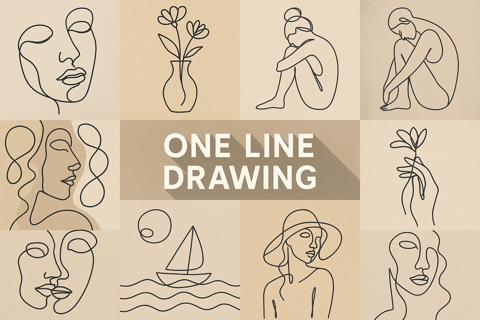 One Line Drawing collage showing several visual interpretations of the style.