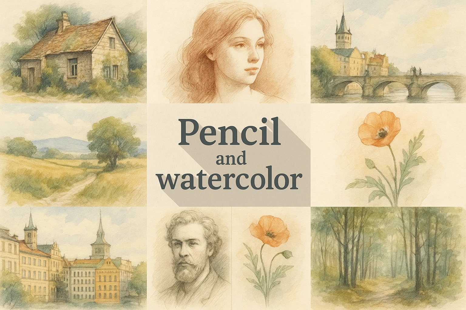 Pencil and watercolor collage showing several visual interpretations of the style.