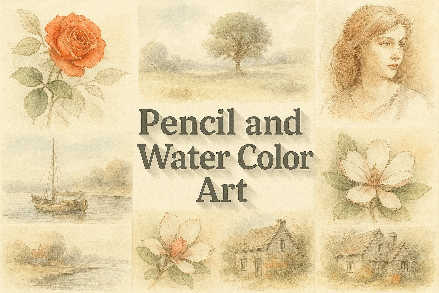 Pencil and Water Color Art collage showing several visual interpretations of the style.
