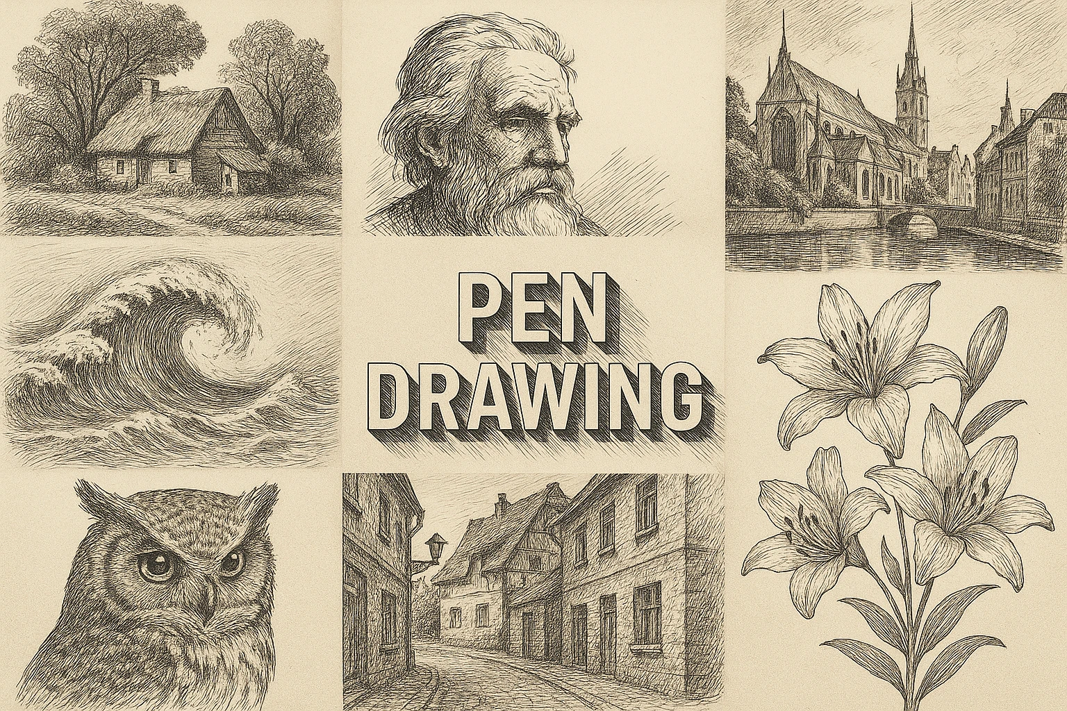 Pen Drawing collage showing several visual interpretations of the style.
