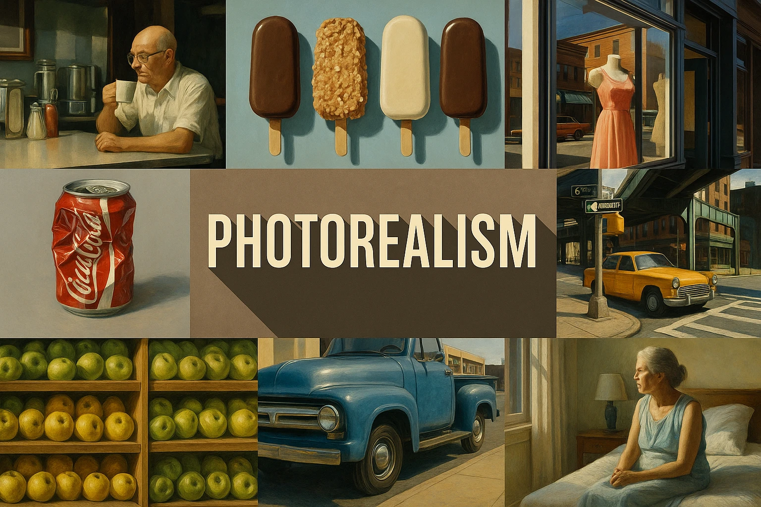 Photorealism collage showing several visual interpretations of the style.