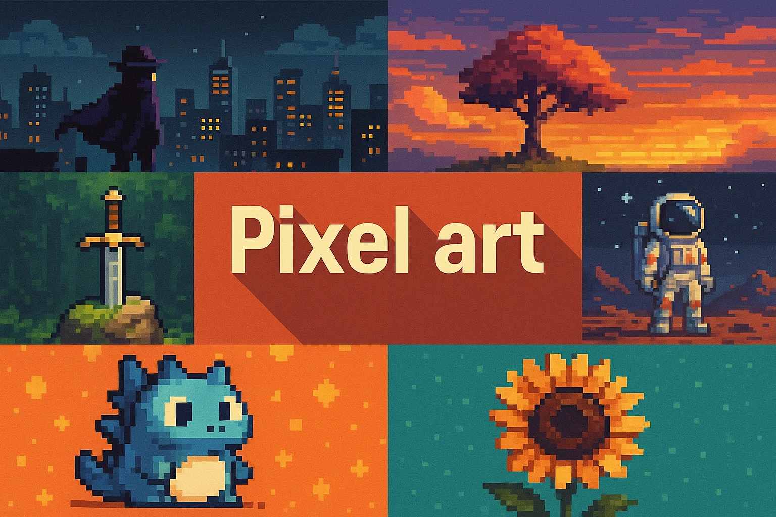 Pixel art collage showing several visual interpretations of the style.
