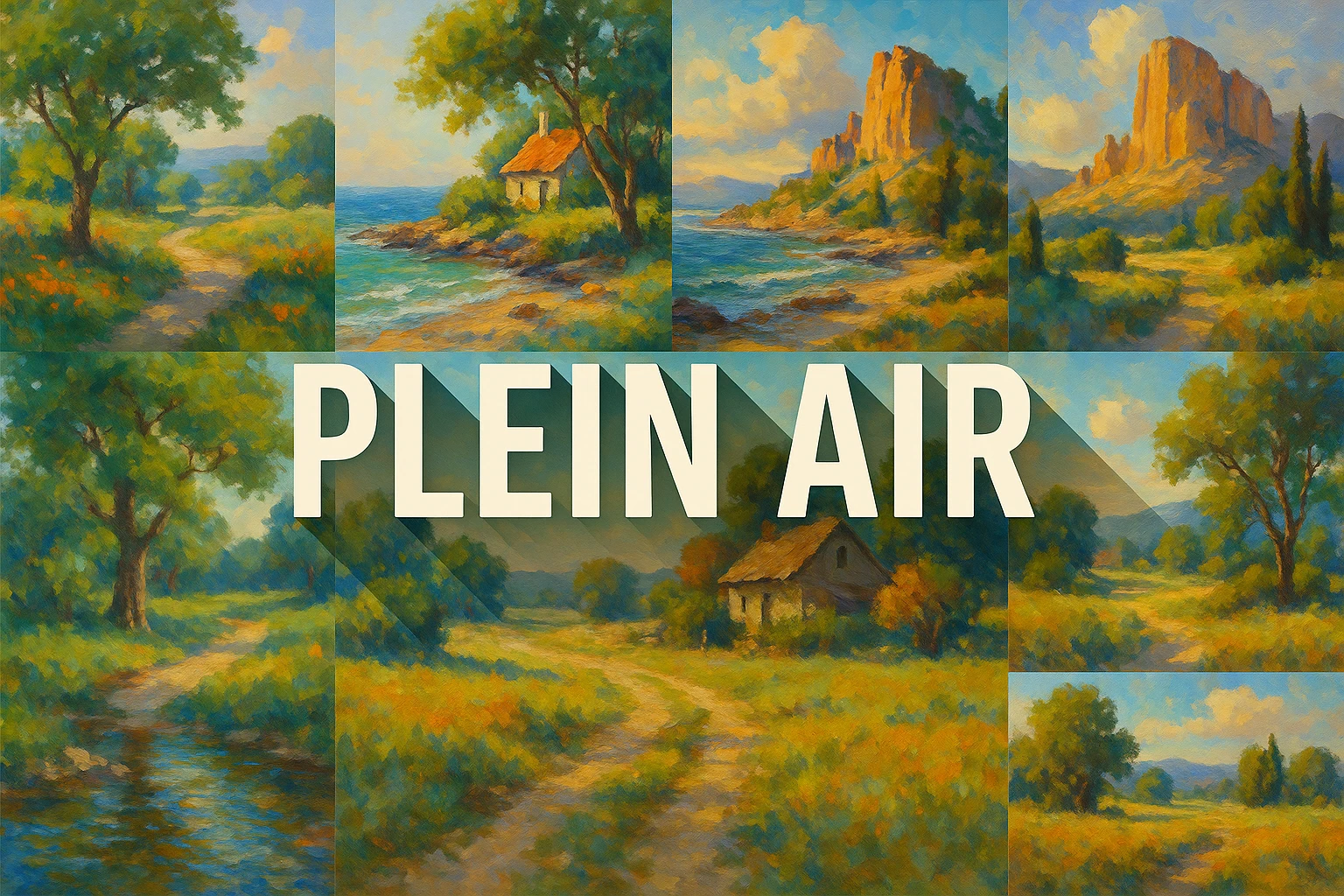 Plein Air collage showing several visual interpretations of the style.