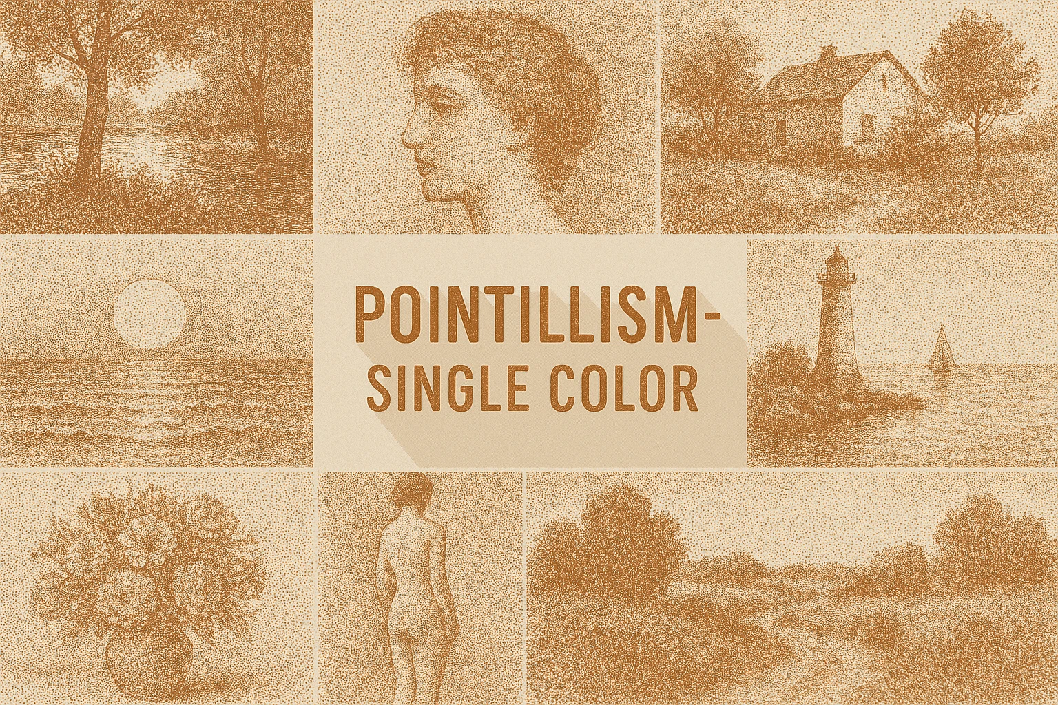 Pointillism - Single Color collage showing several visual interpretations of the style.