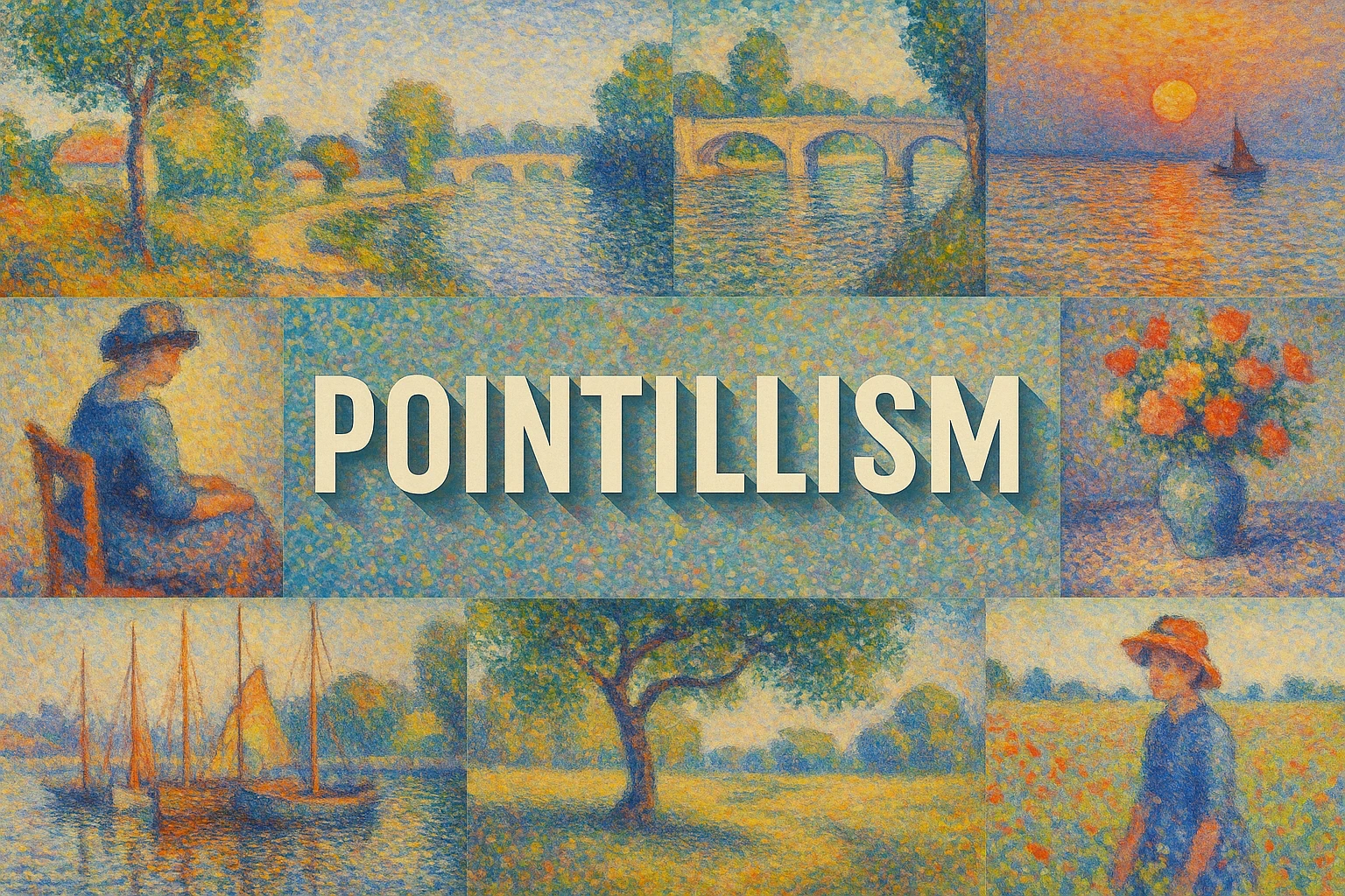 Pointillism collage showing several visual interpretations of the style.