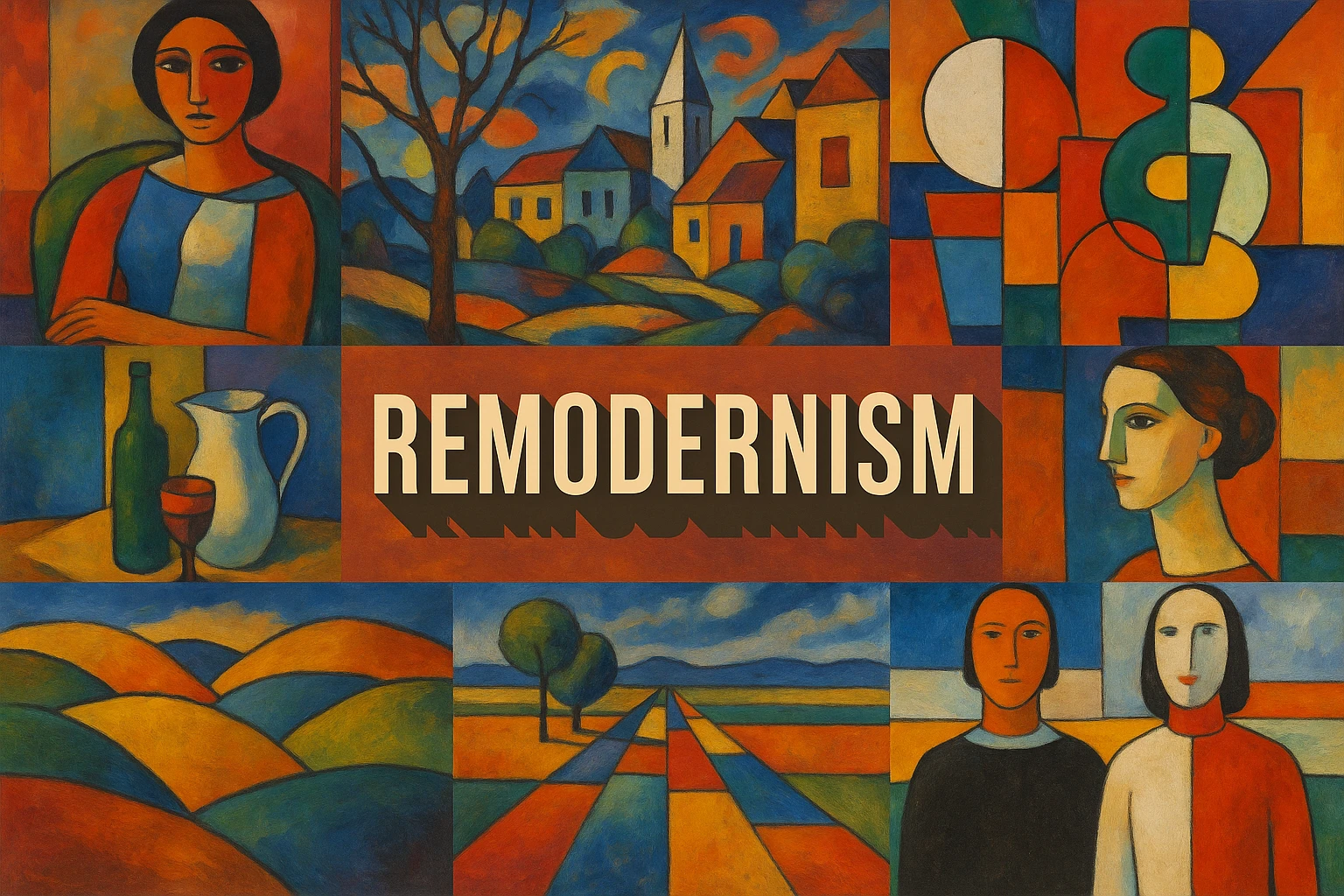 Remodernism collage showing several visual interpretations of the style.