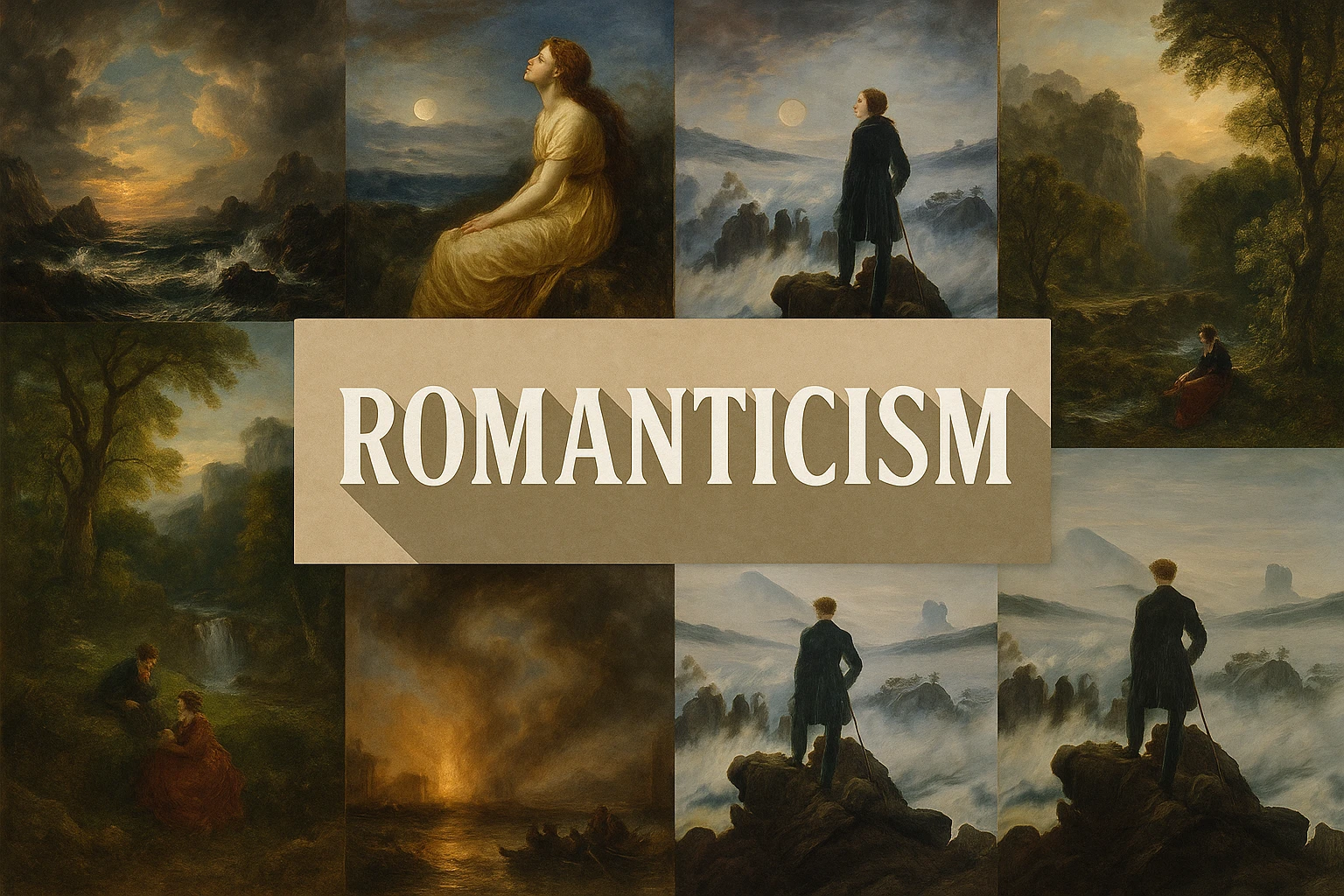 Romanticism collage showing several visual interpretations of the style.