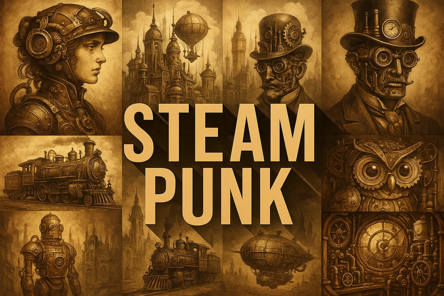 Steam Punk collage showing several visual interpretations of the style.