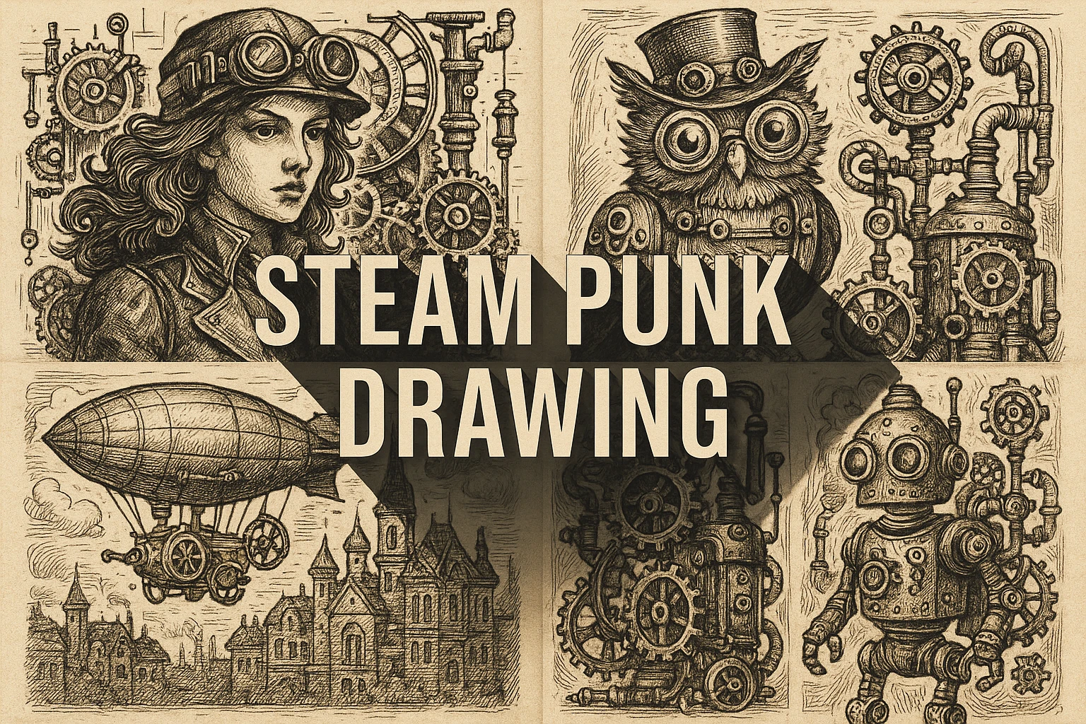 Steam punk drawing collage showing several visual interpretations of the style.
