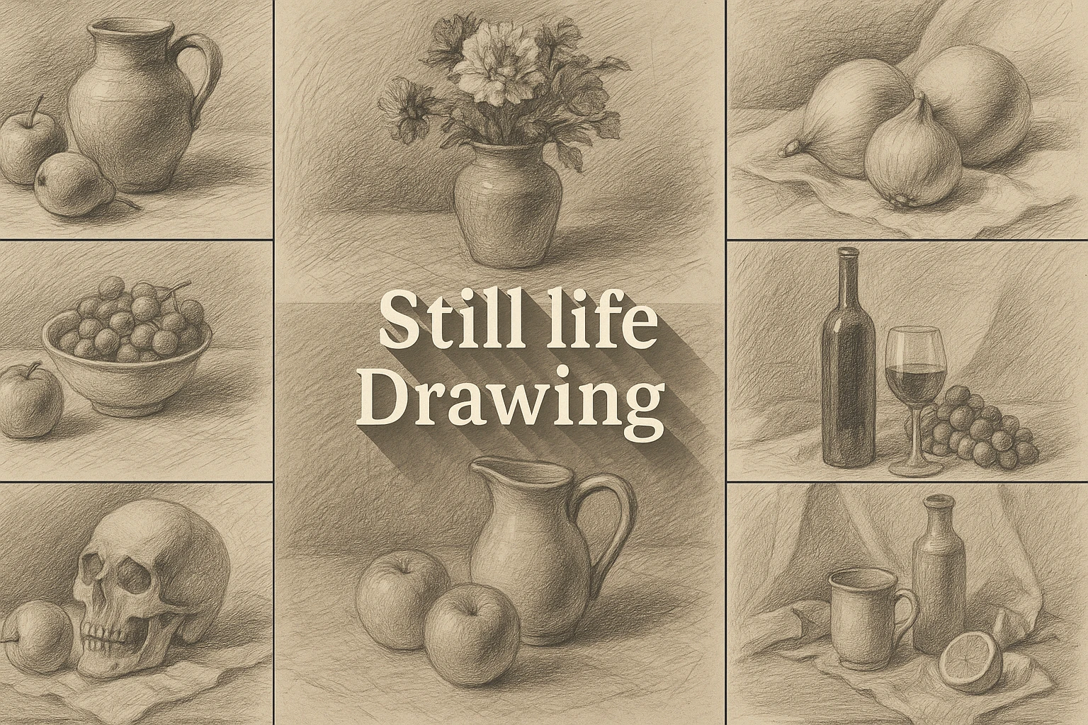 Still life Drawing collage showing several visual interpretations of the style.