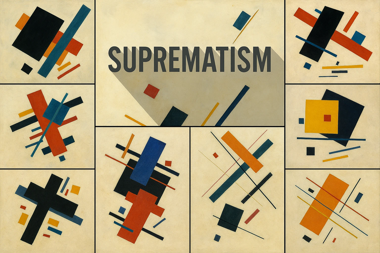 Suprematism collage showing several visual interpretations of the style.