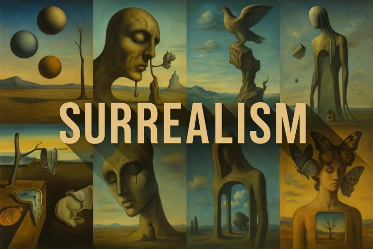 AOI Surrealism catalog collage with impossible figures, floating shapes and dreamlike landscapes.