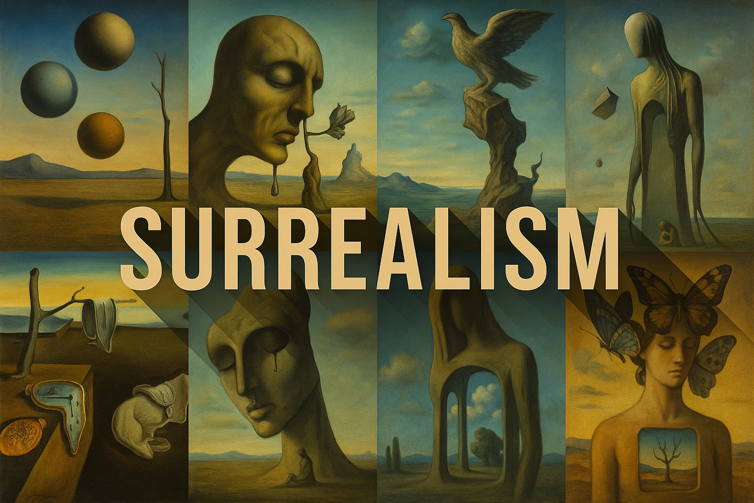 Surrealism collage showing several visual interpretations of the style.