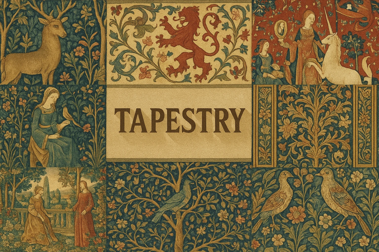Tapestry collage showing several visual interpretations of the style.