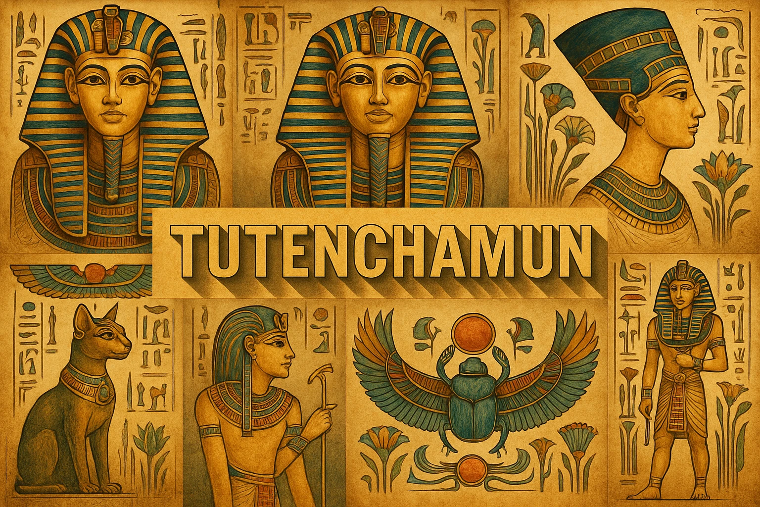 Tutankhamun collage showing several visual interpretations of the style.