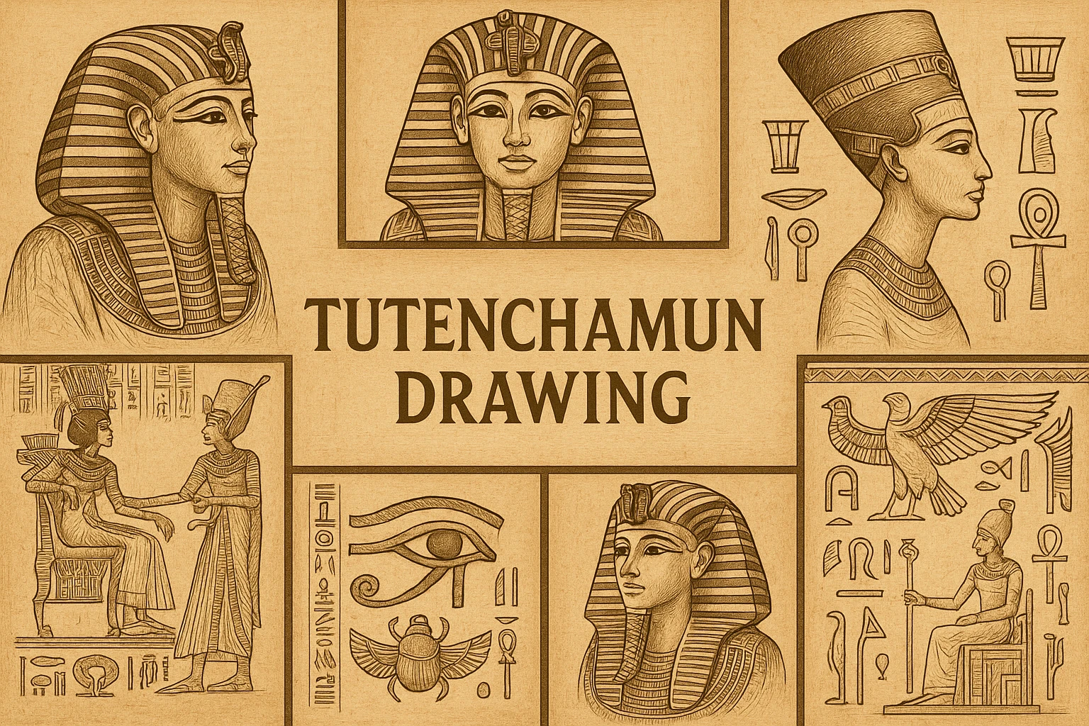 Drawing Tutankhamun collage showing several visual interpretations of the style.