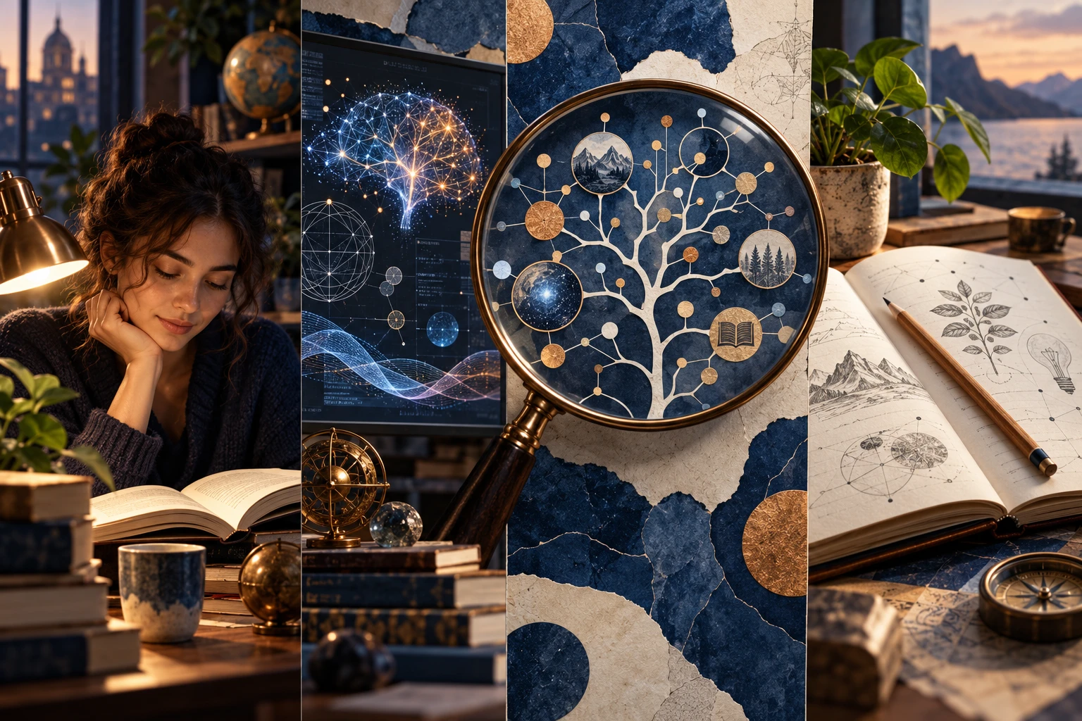 Collage of reading, visual research and a notebook, with an illustrated branching network.