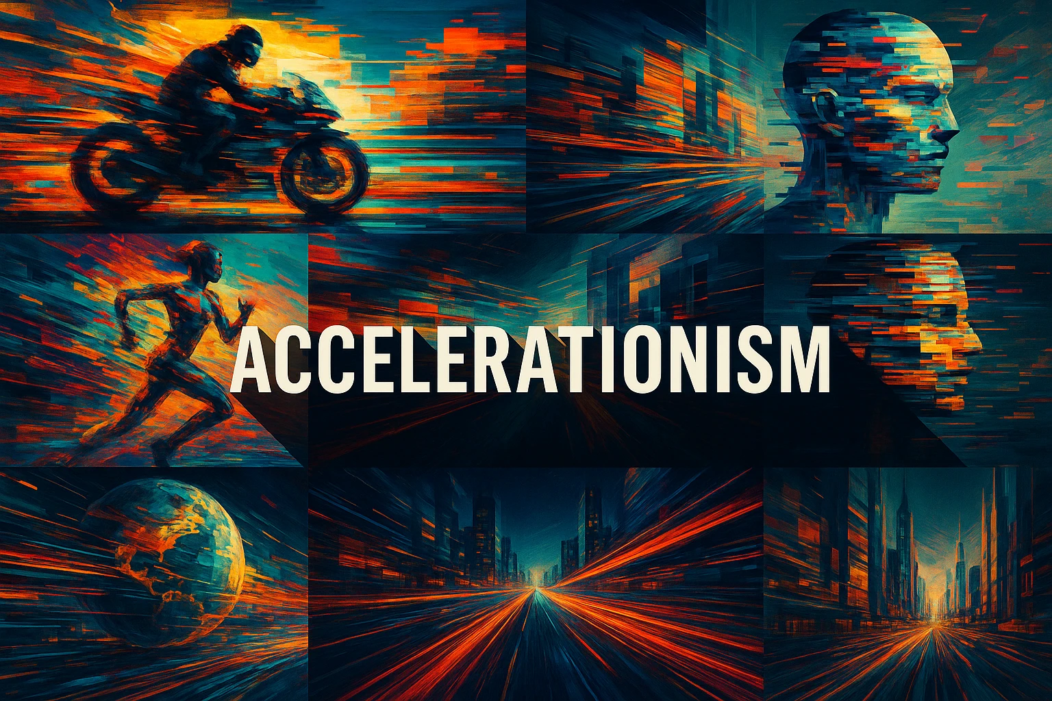 Accelerationism collage showing several visual interpretations of the style.