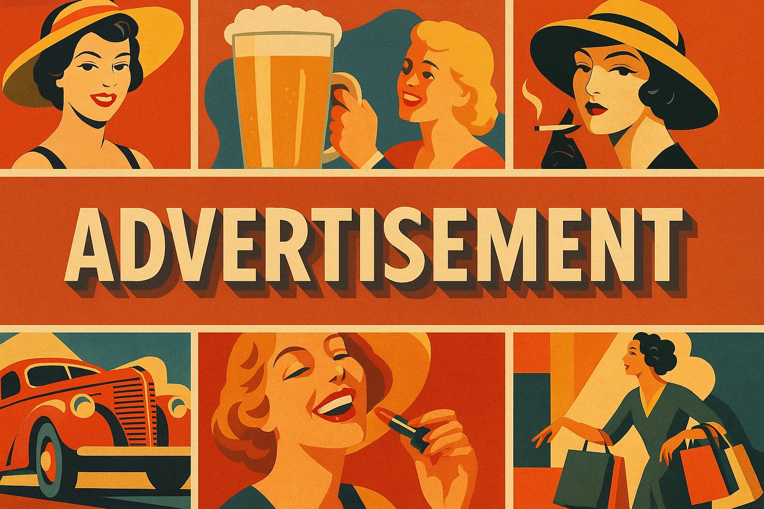 Advertisement collage showing several visual interpretations of the style.