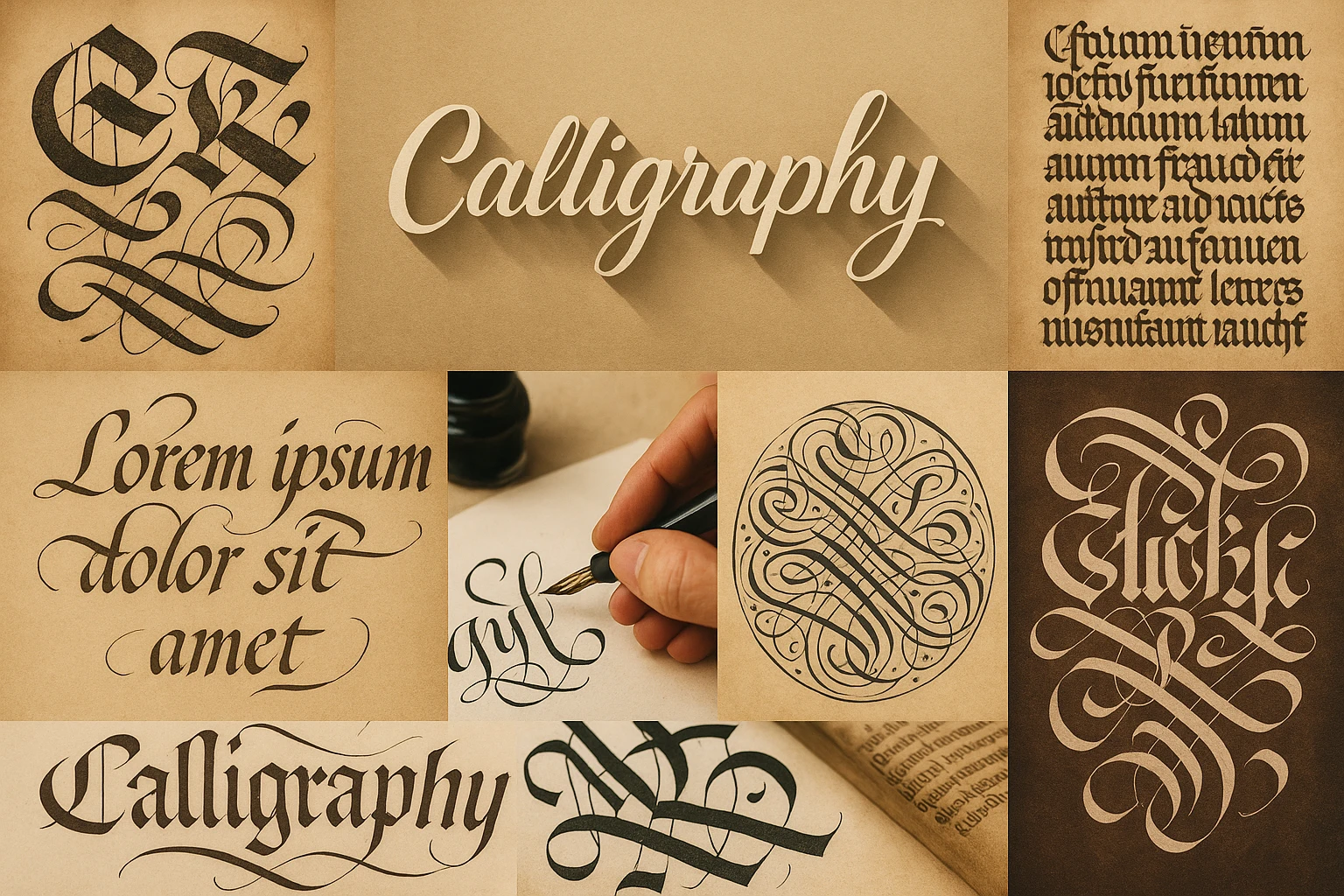 Calligraphy collage showing several visual interpretations of the style.