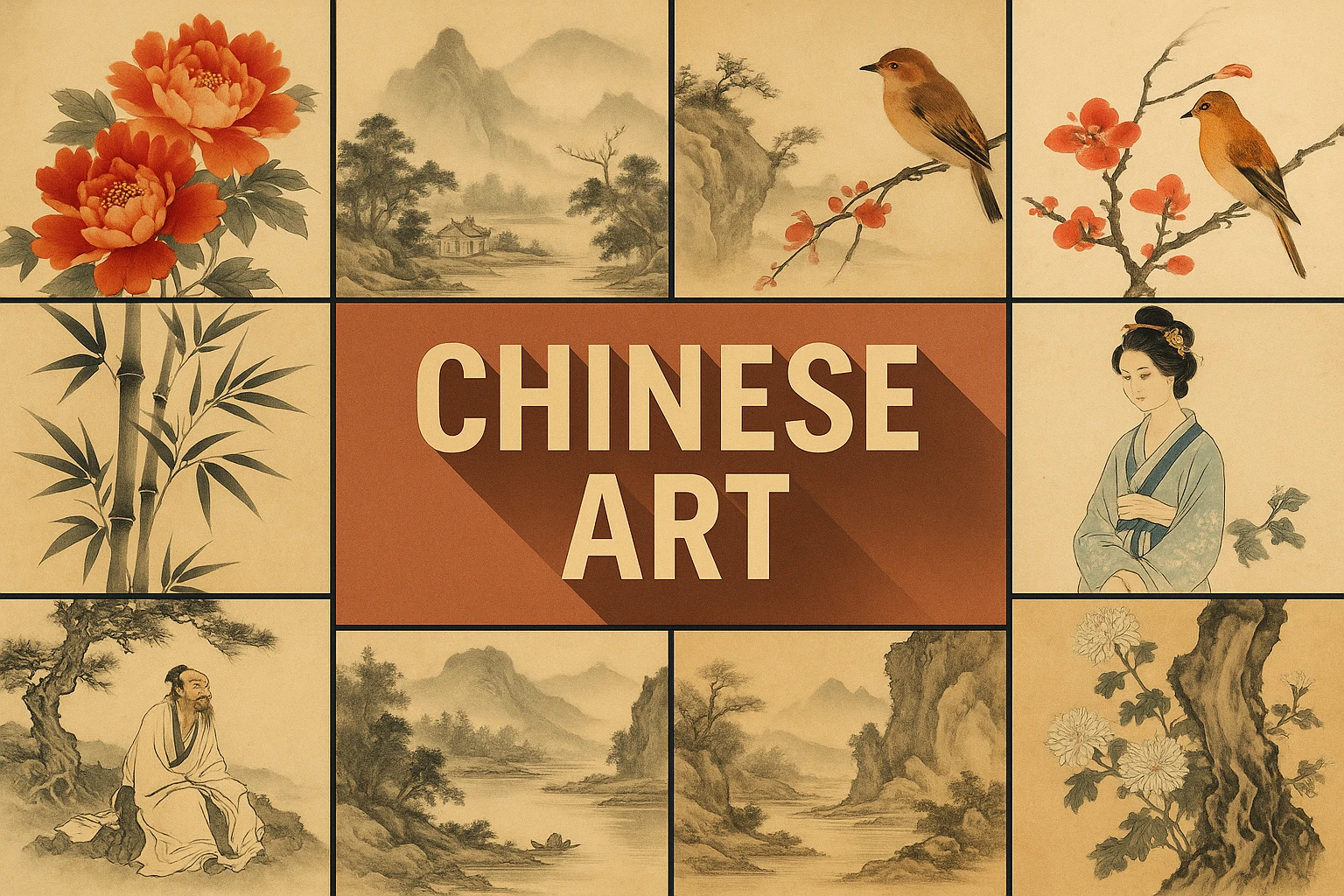 Chinese art collage showing several visual interpretations of the style.