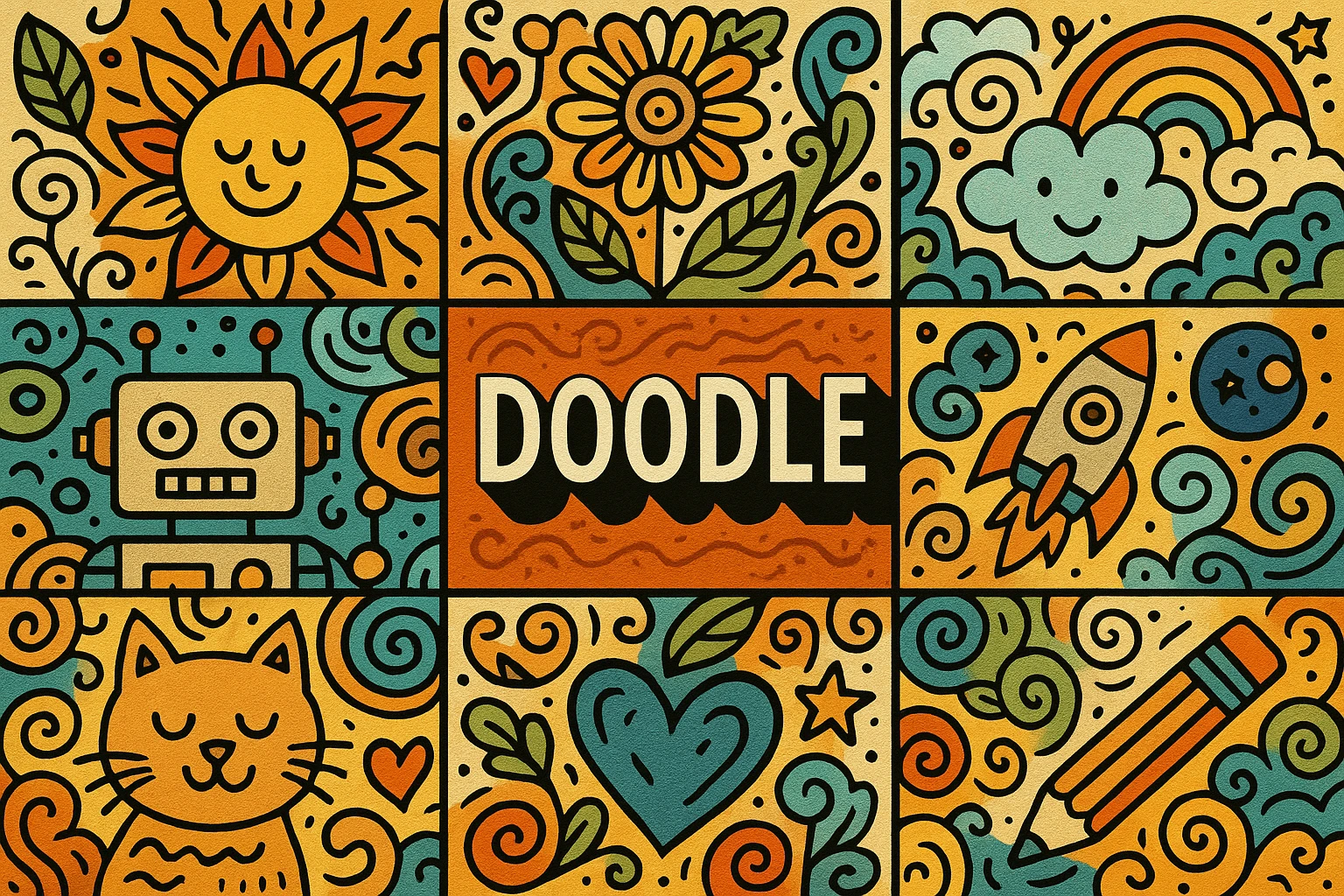 Doodle collage showing several visual interpretations of the style.