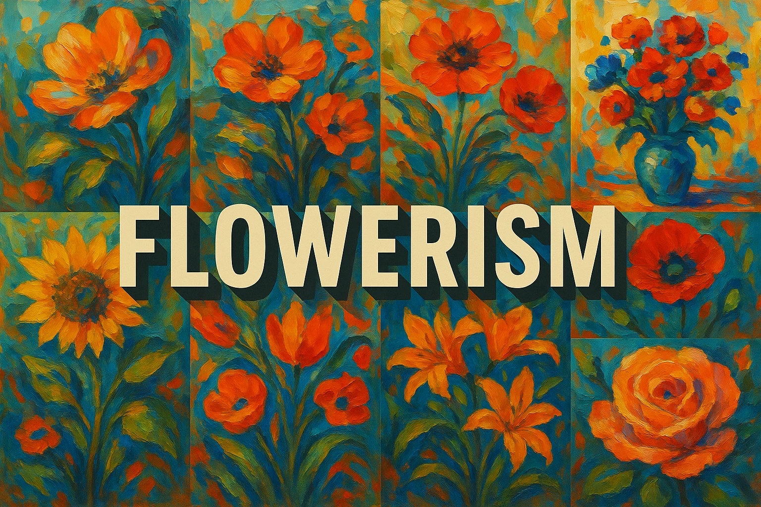 Flowerism collage showing several visual interpretations of the style.