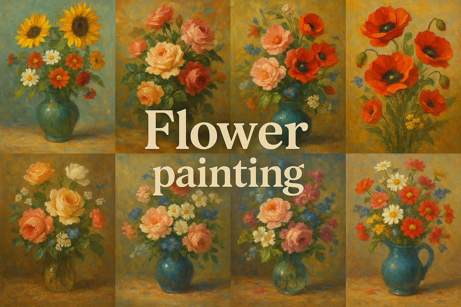 Flower painting collage showing several visual interpretations of the style.