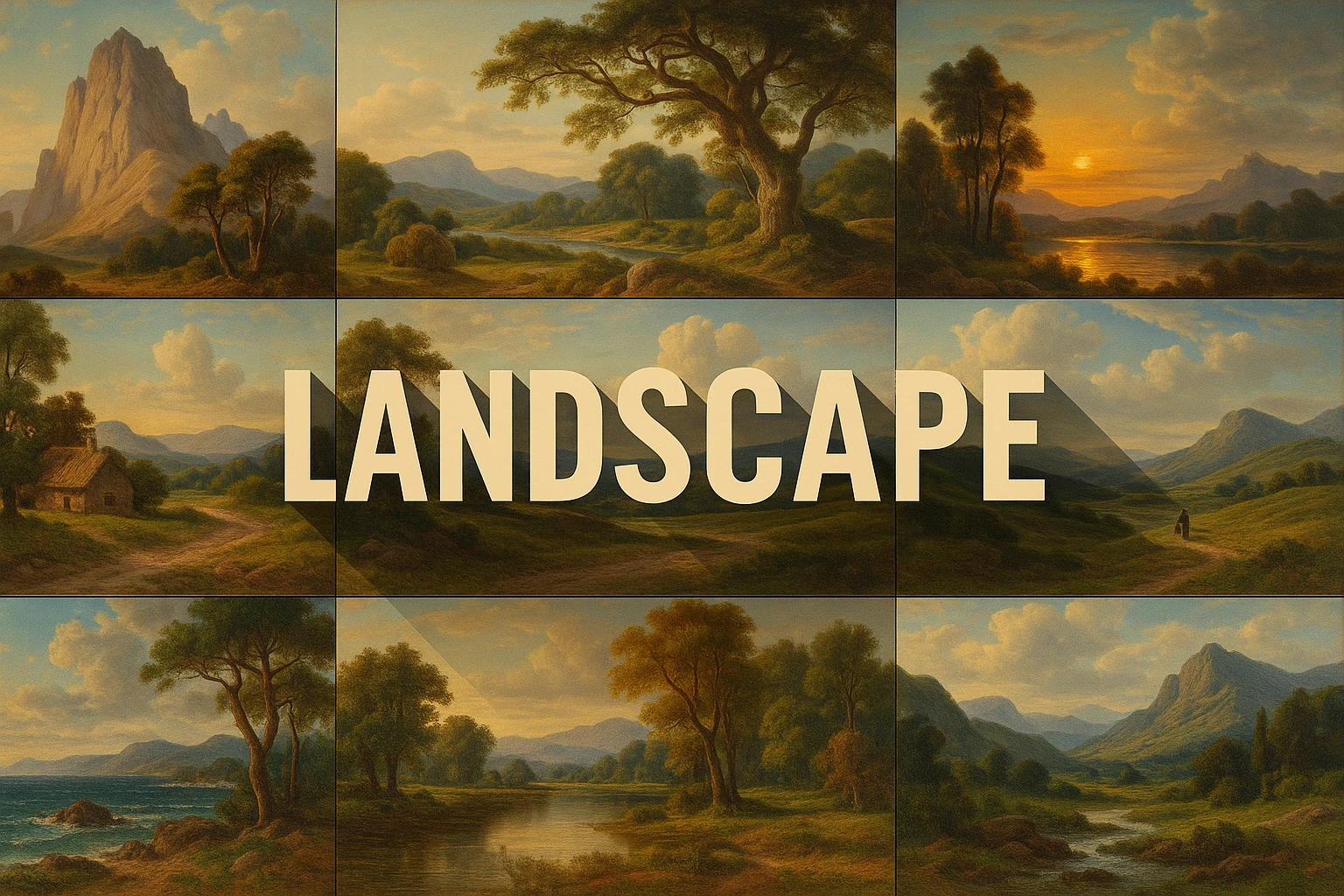 Landscape collage showing several visual interpretations of the style.
