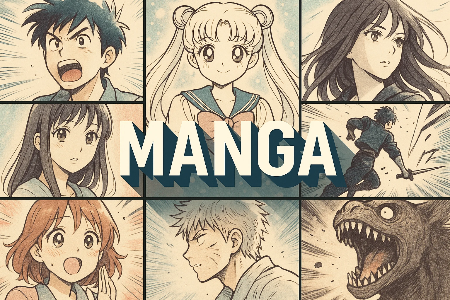 Manga collage showing several visual interpretations of the style.