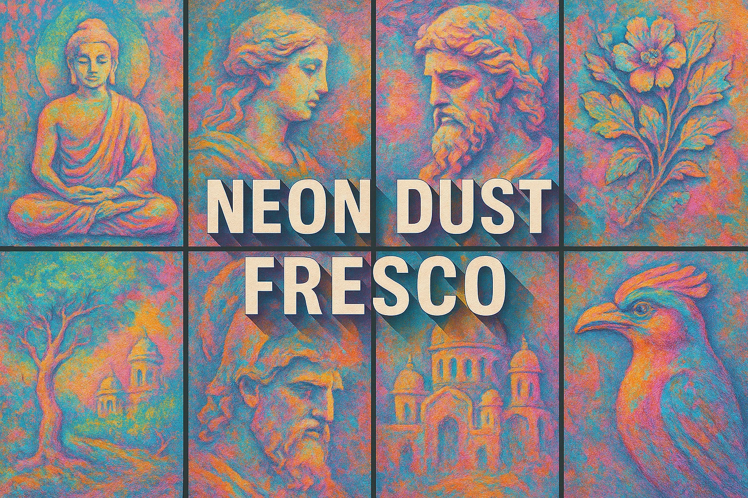 Neon Dust Fresco collage showing several visual interpretations of the style.