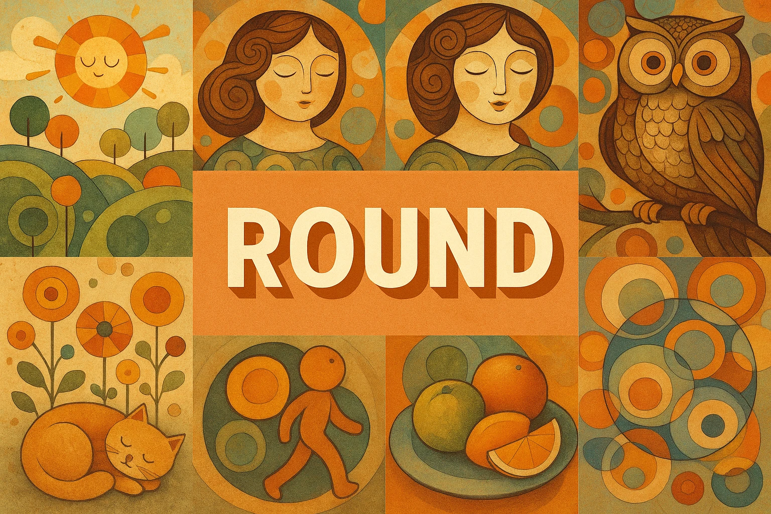 Round collage showing several visual interpretations of the style.
